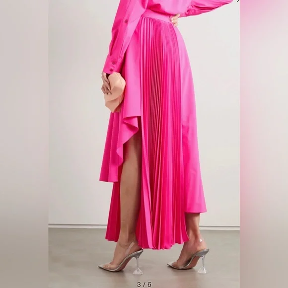 Christopher John Rogers Pleated Asymmetric Skirt Neon Pink Wool Blend - Picture 3 of 15
